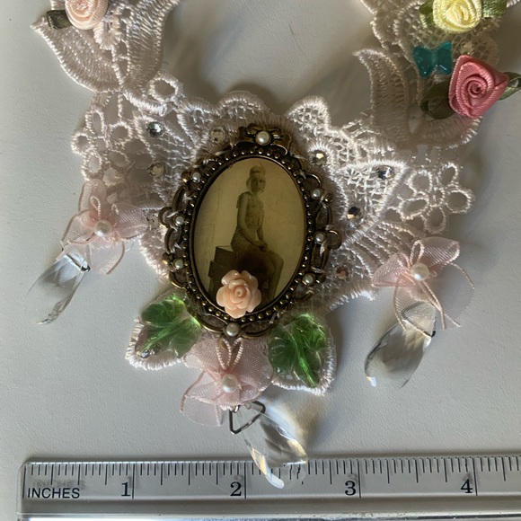 Bib Necklace flapper image glass hand sewn glass beads satin ribbon flowers - Picture 13 of 17